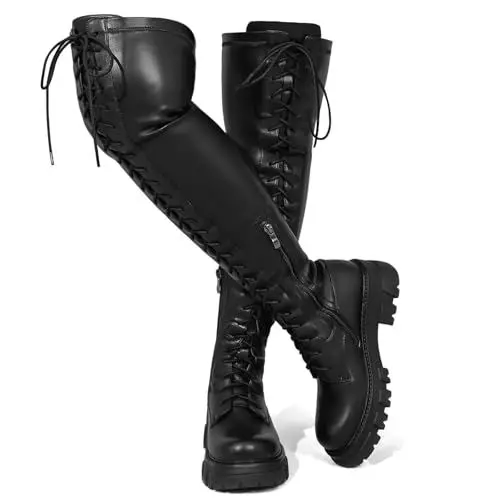Produktbild: CouieCuies Schwarze Over knee Stiefel for Damen Platform Schnürstiefel Thigh High Stiefel Comfortable Stretch Boots Langschaft