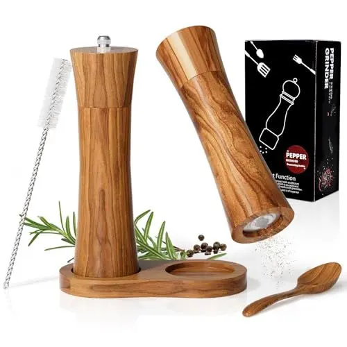Produktbild: Couleeur Salz und Pfeffermühle Holz,Gewürzmühlen Set inkl Untersetzer, Löffel, Reinigungspinsel,Gewürzmühlen mit robustem Keramikmahlwerk,Salzmühle und Pfeffermühle(21,5 cm)