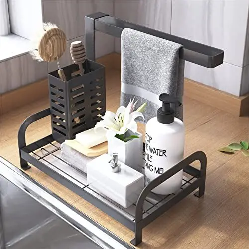 Produktbild: Spüle Caddy Organizer, Schwammhalter Bürste Geschirrtuchhalter Küchenspüle Caddy Schwarz Arbeitsplatte mit Ablaufwanne für Küche Badezimmer