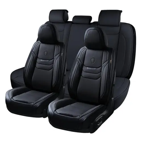Produktbild: Coverado Sitzbezüge Auto Leder Komplettset, Wasserdichtes Autositzbezüge für 5-Sitze mit geprägten Körnern, Universell Sitzbezug Auto Sitzschoner Kompatibel für Limousinen SUV Pickup LKW, schwarz