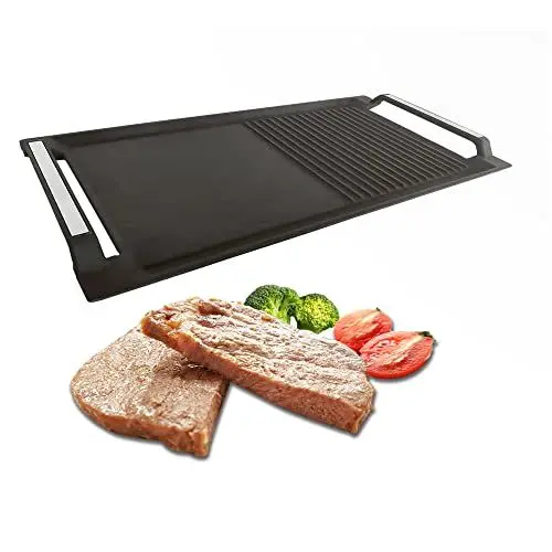 Produktbild: COVERCOOK Grillplatte - Gusseisen - 43 x 23 cm - 2 Griffe - Antirutsch- Grillpfanne mit halb-gerippt und halb-glatt - für Induktion, Herdplatten, Ofen, BBQ, Gasgrill