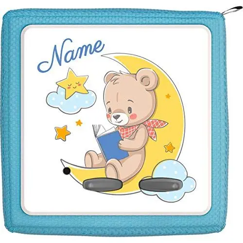 Produktbild: Coverlounge® Schutzfolie passend für die Toniebox mit Namen personalisiert | Teddiebär liest eine Gutenacht Geschichte auf dem Halbmond