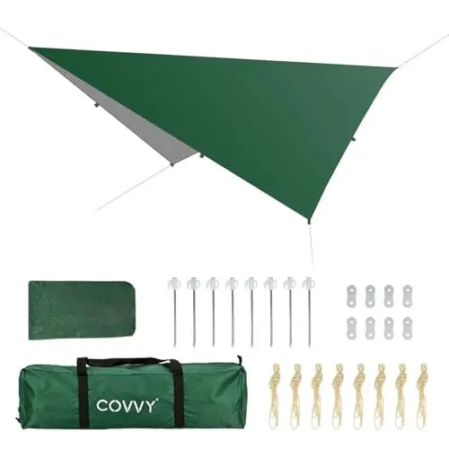 Produktbild: COVVY Regenfliege, 3 x 3 m, wasserdichte Zeltplane mit 8 Heringen und 8 Abspannleinen, tragbare leichte Hängematte, Regenfliege für Camping, Reisen, Outdoor, Wandern, Sonnenschutz