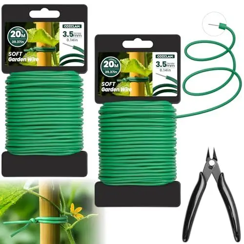 Produktbild: COZCLAM 40 m Grüner Gartendraht mit Schneider, 3.5mm Flexibler Pflanzendraht, Pflanzendraht Gummiert für Gartenarbeit, Tomaten, Weinreben, Weicher Pflanzendraht für Low Stress Training