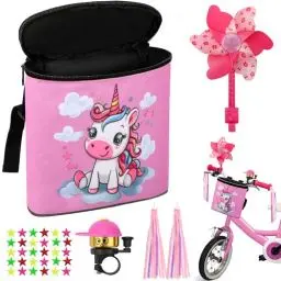 Produktbild: COZCLAM Lenkertasche Kinder, Laufrad Lenkertasche, Fahrradkorb Kinder Vorne mit Klingel, Windrad, Lenker-Luftschlangen & Kinderfahrrad Speichen für Kinderfahrräder, Scooter, Laufräder (Rosa)