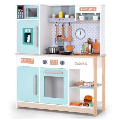 Produktbild: CoziBB Kinderküche, Kinderküche Holz, Spielküche Holz, Holzküche Kinder Mit 30 Zubehörteile, Schürze Und Hut, Spielzeugset Geschenk Für Kinder