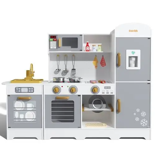 Produktbild: CoziBB Kinderküche, Küchenspielzeug, XXL Spielküche Holz Mit Wasserhahn, Kühlschrank, Mikrowelle, Backofen, Eismaschine, Geschirrspüler Und Grill, Für Kinder Ab 3 Jahren