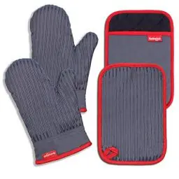 Produktbild: Coziselect Ofenhandschuhe, Hitzebeständige Topfhandschuhe und Topflappen Set, Silikon Anti-Rutsch Design, Geeignet für Kochen, Backen, Grillen, Grau