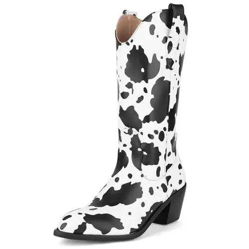 Produktbild: Cozivwaiy Damen Cow Print Cowboy Stiefel Chunky Heels Halbschaft Stiefel Spitze Zehen Westernstiefel Animal-Print Pull on Mid Calf Cowgirl Stiefel Schwarz Weiß 10.5