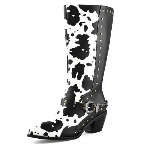 Produktbild: Cozivwaiy Damen Stiefel im Kuhflecken-Design Gesteppt Mid Calf Reitstiefel Schnallen Biker-Stiefel Chunky Absatz Western Moto Stiefel Zip 41