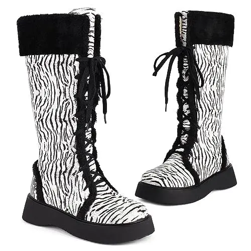 Produktbild: Cozivwaiy Damen Winter Stiefel Schnüren Combat Stiefel Cow Print Stiefel Mid Calf Warm Schuhe Runde Zehen Kunst Fell Lined Stiefel Schwarz Große 39
