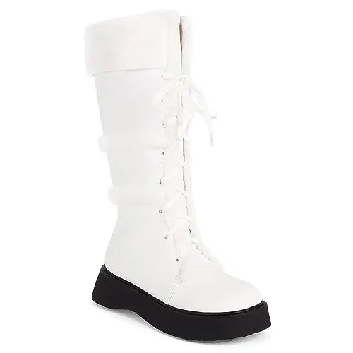 Produktbild: Cozivwaiy Damen Winter Stiefel Schnüren Combat Stiefel Schwarz Stiefel Mid Calf Warm Schuhe Runde Zehen Kunst Fell Lined Stiefel Weiß Große 37