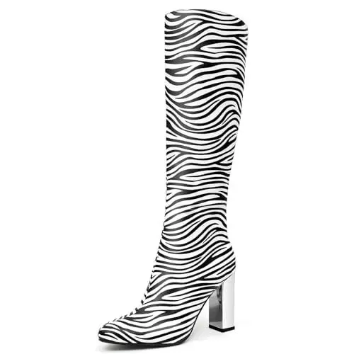 Produktbild: Cozivwaiy Damen Zebra Print Kniehohe Stiefel Metallic Blockabsatz High Heels Stiefel Fancy Chrome Stiefel Langschaft Dress Stiefel Frauen Riding Boots Zipper 39