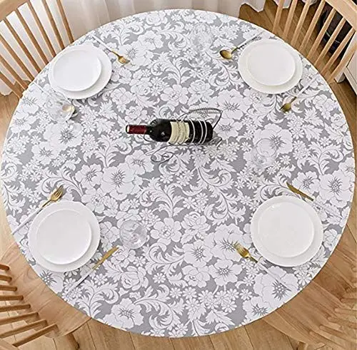Produktbild: Cozomiz Elastische Runde Tischdecke Gartentischdecke Rundtischdecke wasserdichte rutschfeste Abwischbar Schmutzabweisend Tischdecke für Esszimmer, Küche und Picknick 114-140cm Lässt Grau