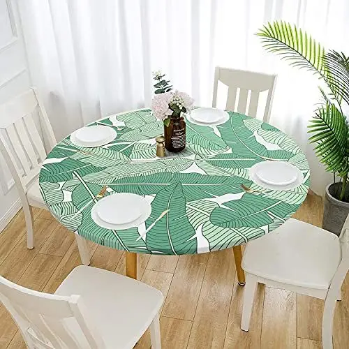 Produktbild: Cozomiz Elastische Tischdecke Gartentischdecke Rundtischdecke wasserdichte rutschfeste Abwischbar Schmutzabweisend Tischdecke für Esszimmer, Küche und Picknick 60cm Tropische Blätter 2