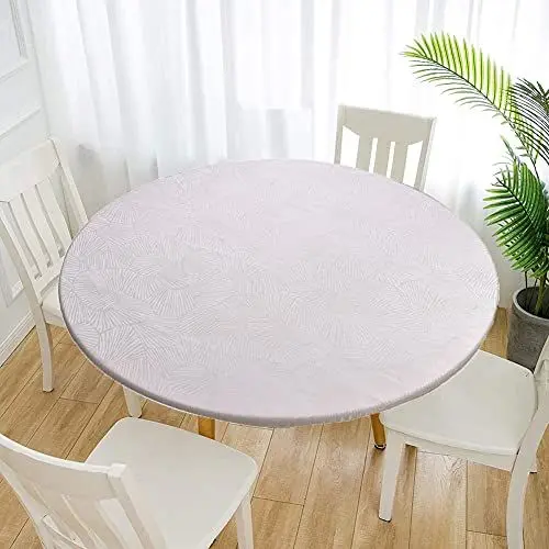 Produktbild: Cozomiz Jacquard Elastische Tischdecke Gartentischdecke Rundtischdecke wasserdichte rutschfeste Abwischbar Schmutzabweisend Tischdecke 150cm Runde Enge Passform Weiß