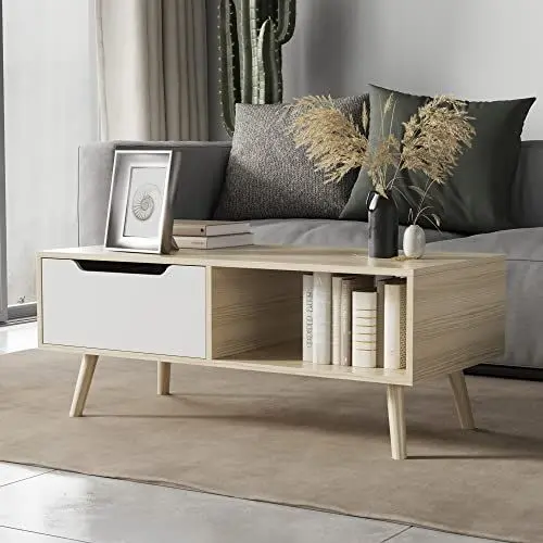 Produktbild: Cozy Castle Couchtisch, Wohnzimmertisch mit Verstellbare Shublade und offenem Regal, Coffee Table, Kaffeetisch, 100x49x42cm, Weiß & Eichenfarbe