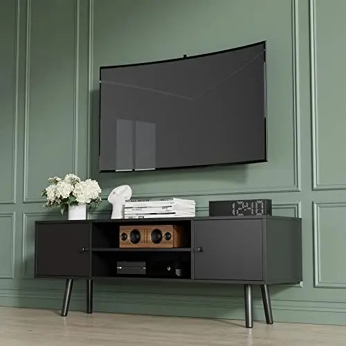 Produktbild: Cozy Castle TV Schrank für TV 60 Zoll, TV Lowboard mit 2 Schränken und 2 Regale, Fernsehtisch für Wohnzimmer, 135x50x40cm, Schwarz