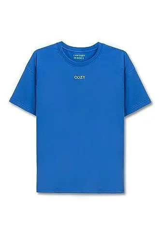 Produktbild: Cozy Panda Oversized T-Shirt in Cobalt Größe XXL - Kurzarm Shirt Rundhals aus Baumwolle in Blau Hochwertig - Backprint Tee Fashion Modern - Gr. 44