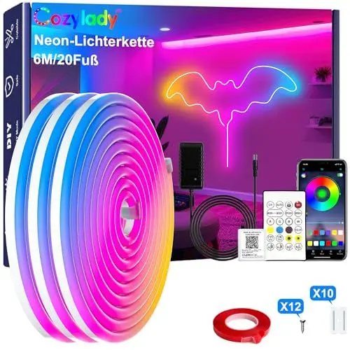 Produktbild: Cozylady 6M RGB Neon LED Strip, Flexible Streifen Mit starkem Doppelklebeband ausstatten,24V LED Leuchtseile mit App/Fernbedienung anwendbar auf Schlafzimmer,Raum & Außendekoration.