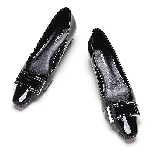 Produktbild: C.Paravano Schwarz Klotzige Ferse Quadratische Zehe Niedrige Absätze Kleid Pumps Schuhe Glänzend Leder Niedrige Blockabsätze(39,Schwarz)
