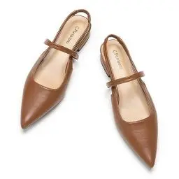 Produktbild: C.Paravano Flache Sandalen mit Spitzen Zehen Leder Kitten Flats Sandalen Hochzeit Party Partnersuche Slingback Damen Flach Verstellbarer Knöchelriemen(Braun,38)