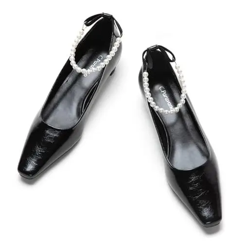 Produktbild: C.Paravano Schwarz Klobige Niedrige Ferse Quadratische Zehe Pumpen Slip-on Geschlossene Zehe Niedrige Ferse Perlen Knöchel Riemen Pumpen Hochzeit Schuhe für Braut Dirndl Schuhe Damen(40,Schwarz)