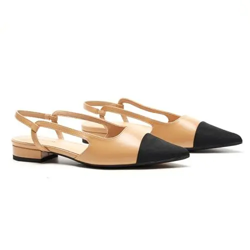 Produktbild: C.Paravano Damen Schuhe Slingback Flach mit spitzem Zeh & zweifarbigem Design | Slingback Ballerina Damen | Sandalen Sommer | Elegant für Büro, Abendevents und Alltag（38.5,Beige