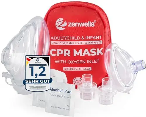 Produktbild: CPR Beatmungsmaske Erste Hilfe Set für Erwachsene/Kinder und Säuglinge - Pocket Maske in Soft Case (rot) mit Eigenventil und Sauerstoffeinlass