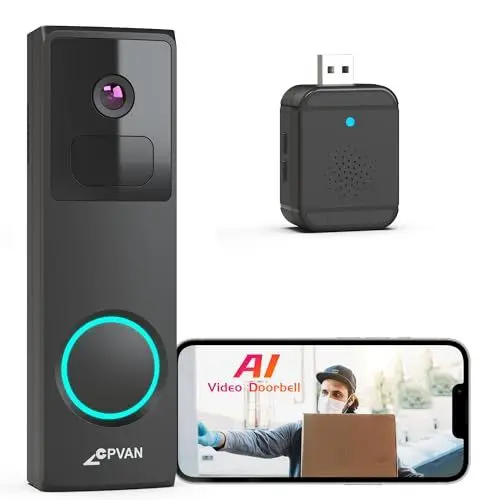 Produktbild: CPVAN WLAN Video Türklingel mit Kamera 2K HD Kabellose Doorbell mit Chime, Akku Video-Türsprechanlage mit PIR-Bewegungserkennung, 2-Wege-Audio, unterstützt Alexa, SD-Karte & Cloud-Speicher