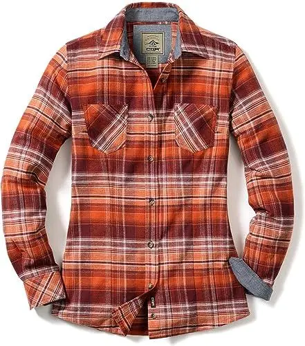 Produktbild: CQR Damen Flanell-Shirt kariert, langärmlig, weiches Casual-Button-Down Top aus Baumwolle, Wof002 1pack - Copper Orange, M