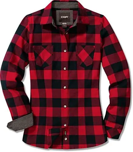 Produktbild: CQR Damen Flanell-Shirt kariert, langärmlig, weiches Casual-Button-Down Top aus Baumwolle, Wof002 1pack - Flannel Plaid Shirts Classic Red, S