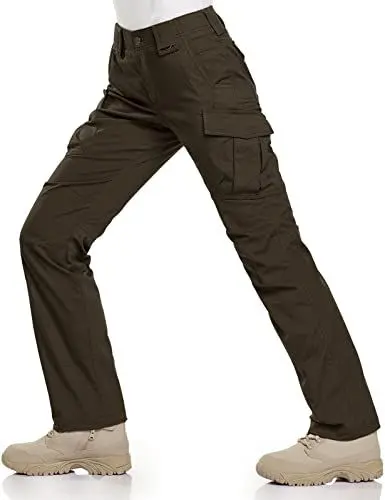 Produktbild: CQR Damen Flex Stretchige Taktische Hose, Wasserabweisende Ripstop-Arbeitshose, Cargohose, mit elastische Taille und Taschen, Cargo Dark Brown, 42