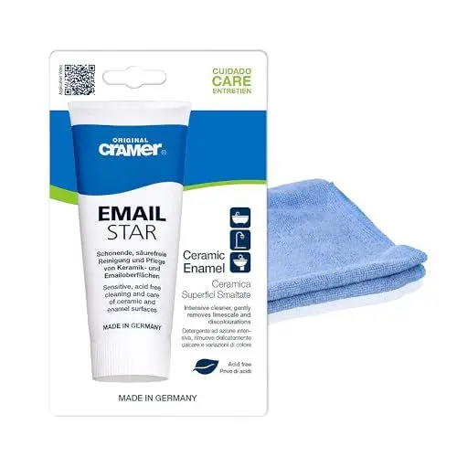 Produktbild: Cramer Email-Star, Reinigungspaste, Polierpaste, schonenden Reinigung von Keramik, Emailoberflächen - Gratis Microfasertuch by kör4u - Made in Germany