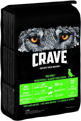 Produktbild: CRAVE Adult Trockenfutter für Hunde ohne Getreide - 11,5kg - mit 100 Prozent natürlichem Lamm & Rind - Premium Hundefutter trocken mit hohem Proteingehalt - 1 Beutel