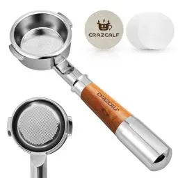 Produktbild: CRAZCALF Bodenloser Siebträger 58mm, Siebträger 58mm kompatibel mit Breville Barista Serie 900, Filterhalter aus Edelstahl mit Holzgriff, Edelstahl Puck Screen, Filterpapier