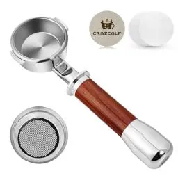 Produktbild: CRAZCALF Bodenloser Siebträger 58mm, Siebträger 58mm kompatibel mit alle Breville Barista 58mm Maschinen, Filterhalter aus Edelstahl mit Holzgriff, Edelstahl kaffee Puck Screen, Filterpapier