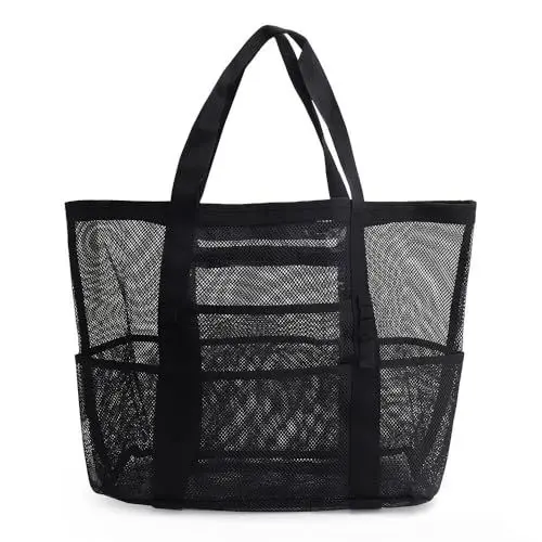 Produktbild: CRAZY SHARK Strandtasche mit Reißverschluss Badetasche XXL, Strandtasche aus Netz, Groß Faltbar Umhängetasche Tragetasche für Damen Herren für Strand Reise Spielzeugaufbewahrung Fitnessstudio