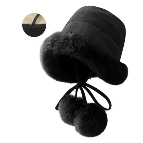 Produktbild: crazy bean Fischerhut Damen Fell Winter Glockenhut Damen mit Gefütterte mit Bommel Kinnriemen Warm Damenmützen Fluffy Elegant Kunstpelz Cloche schwarz
