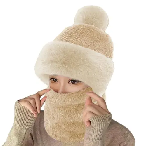 Produktbild: crazy bean Winter Mütze Schal Set Damen Warme Winddichte Balaclava Fleecefutter 2 in 1 Wintermütze mit Bommel Outdoor Radfahren Skifahren(Beige)