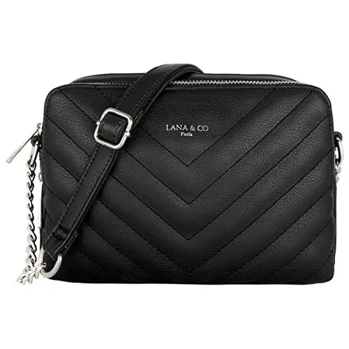 Produktbild: CRAZYCHIC - Damen Gesteppte Umhängetasche - Kleine Handtasche Kette Schultertasche - Frau Steppmuster PU Leder Tasche - Rechteckige Viele Fächern Crossbody Bag Clutch Kettentasche Handy Party Schwarz