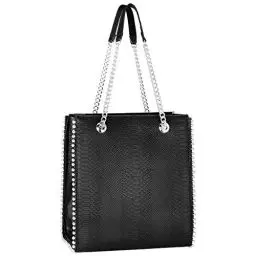 Produktbild: CRAZYCHIC - Damen Ketten Handtasche - Tote Shopper Nieten Perlen - Schlange PU Leder Schultertasche Rechteckig - Medium Große Shopping Bag - Frauen Elegante Moderne Tragetasche Mode Stilvoll - Schwarz