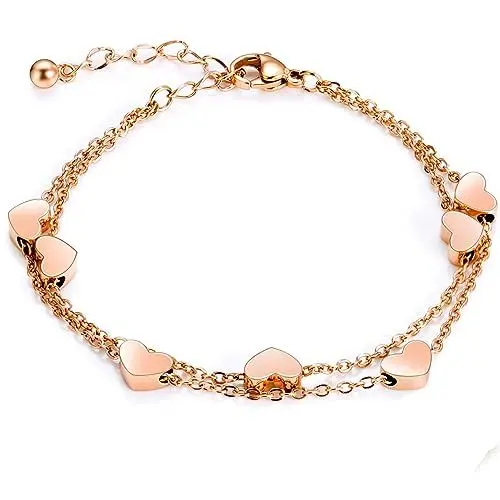Produktbild: Rosegold Herzen Damen Fußkettchen Layered Armband mit Herz Anhängern Doppelt Kette Armband für Frauen Armkette Edelstahl LOVE Bracelet aus Titan