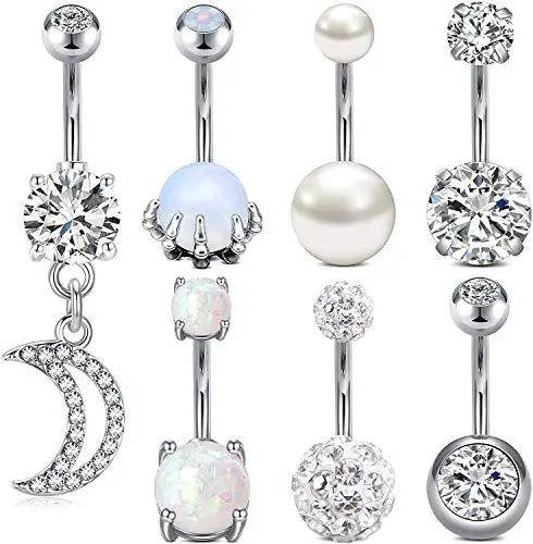 Produktbild: Crdifu 7er Silber Bauchnabelpiercing 10mm Set Chirurgenstahl 14G Bauchpiercing mit Anhänger Opal Perle Stein