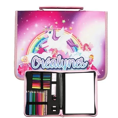Produktbild: créalynes Einhorn-Zeichentasche – vollständiger Zeichenkoffer mit 12 Buntstiften, 12 Markern, Radiergummi, Anspitzer, Lineal, 2 grauen Bleistiften und Skizzenbuch, grün