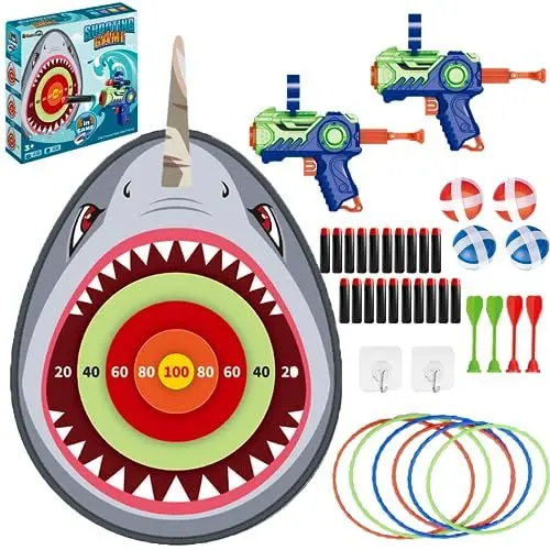 Produktbild: CREAMKIDS 29 Zoll Dartscheibe Kinder 74cm,Montessori Spielzeug Hai Dart Board mit 20 klettballspiel wurfspiel Kinder Bälle,4 Darts,2 Spielzeugpistolen,Kinder Spielzeug Geschenk Outdoor Indoor Spiel