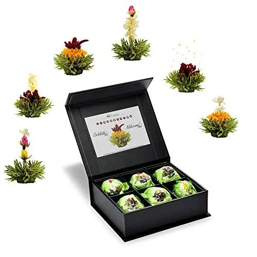 Produktbild: Creano 6 Teeblumen Geschenkbox grüner Tee in edler Magnetbox mit Silberprägung - 6 verschiedene Sorten - Geschenk zu Weihnachten