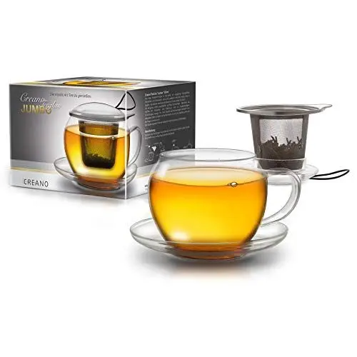Produktbild: Creano JUMBO Tee-Tasse XXL aus Glas mit Henkel und integriertem Edelstahlsieb | 450ml
