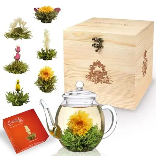 Produktbild: Creano Teeblumen-Mix Geschenkset mit 500ml Teekanne in edler Holzbox mit 6 verschiedenen Sorten ErblühTee (Weißer Tee)