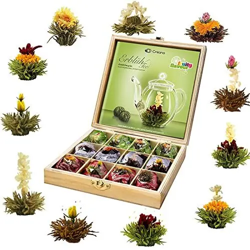 Produktbild: Creano Teeblumen Geschenkset in Teekiste aus Holz 12 Erblühtee in 11 Sorten weißer Tee, grüner Tee, schwarzer Tee, Teerosen, Geschenk für Frauen, Mutter, Teeliebhaber